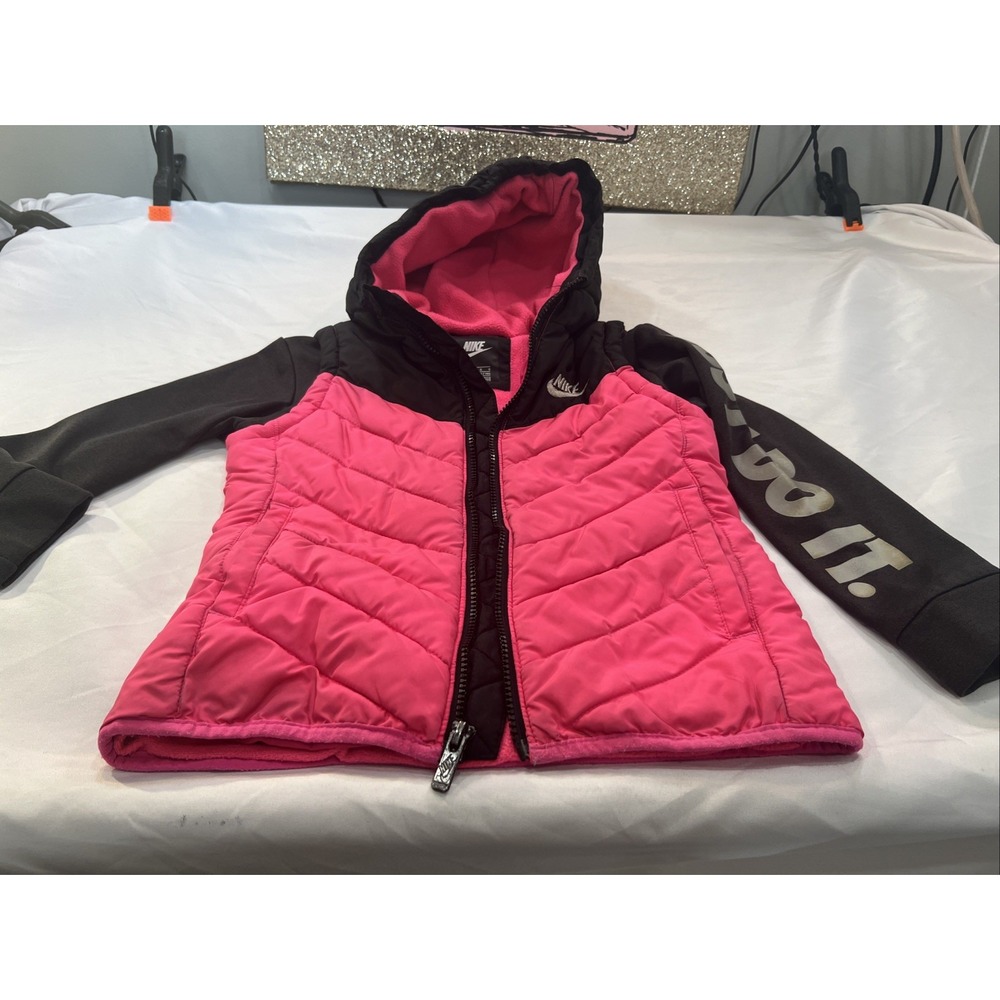 GIRLS NIKE FILLED JACKET SIZE 6-7x BLACK/PINK Packable‎ Worn But A lot Of Life